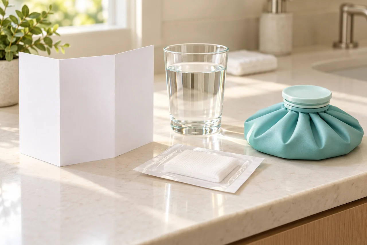 Unmarked care leaflet, gauze packet, water and cold pack — AI-generated educational illustration