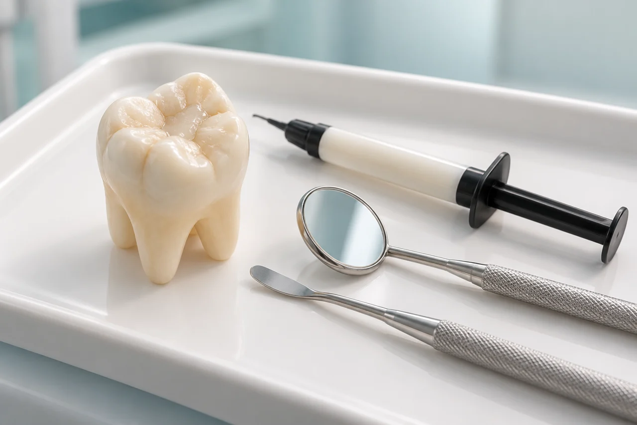 Tooth model, composite applicator and dental instruments — educational illustration